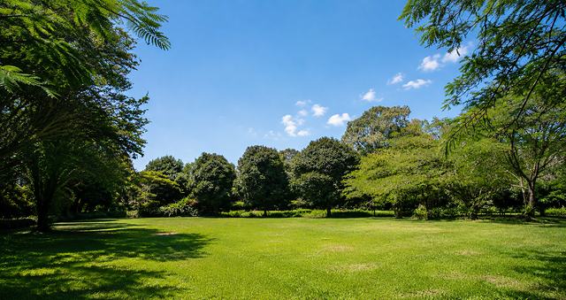Jardín con césped y palmeras
